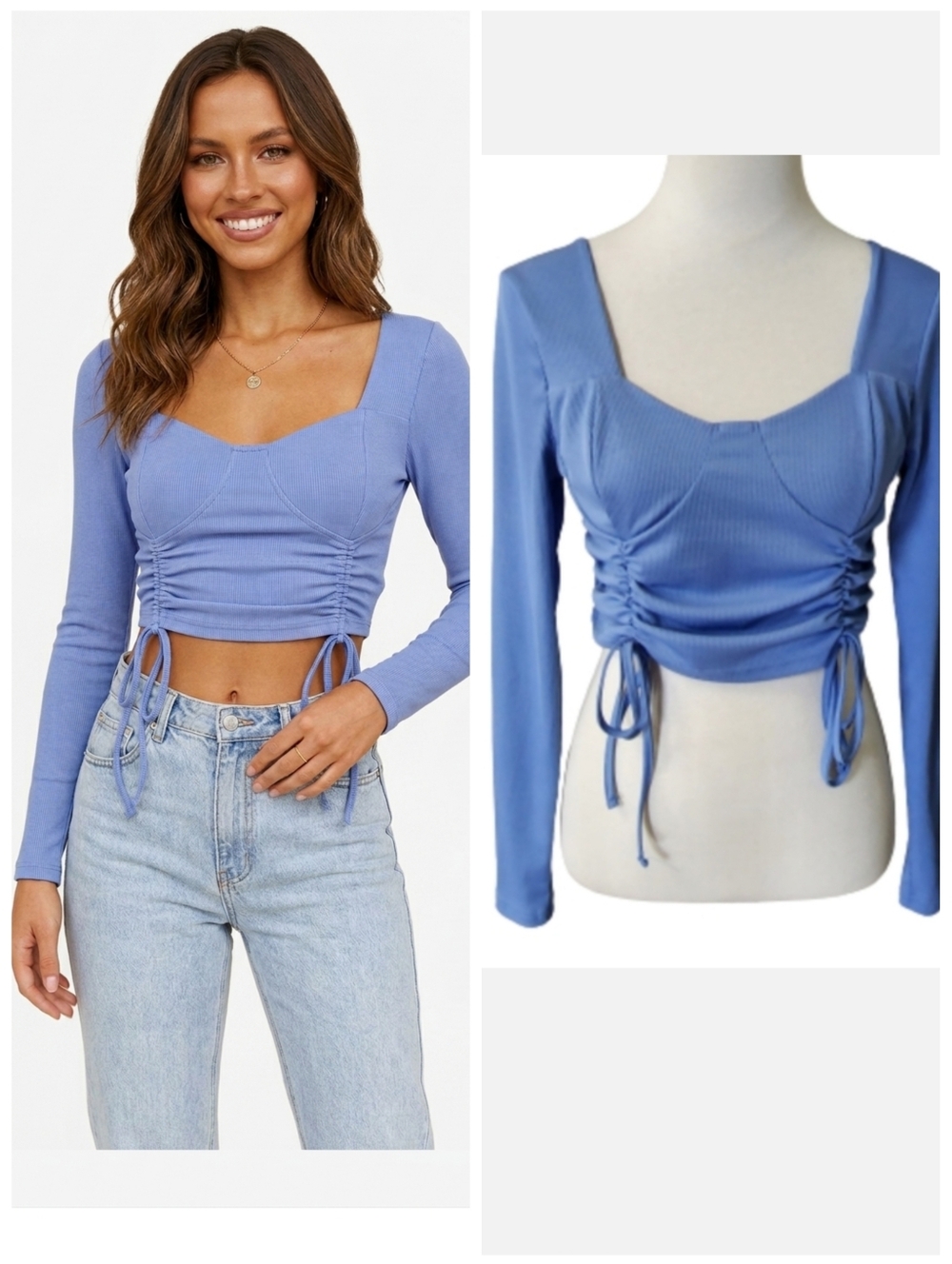 Blue ribbed long sleeve cropped shirt from Shein women's size large